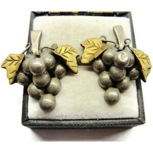 Gold Plated 925 Sterling Silver Grapes Vines Leaves Post Earrings Vintage Mexico